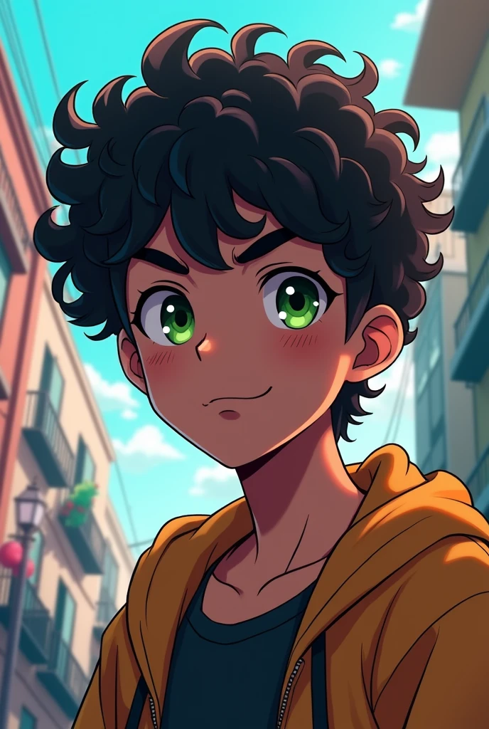 male teenager, American curly cut hair,greeneyes,アニメ,dark black skin