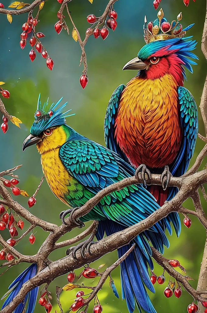 Design an image of an exotic bird perched on a branch, with vibrant feathers in shades of emerald green, sapphire blue, and ruby red. The bird's body is decorated with clusters of small, radiant gemstones that are embedded throughout its wings and tail, sparkling as they catch the light. The bird wears a majestic crown atop its head, crafted from gold and silver, encrusted with large, glowing gemstones that reflect the vivid colors of its feathers. Its eyes are a deep, glowing amber, and its beak is long and slender, made to look like polished onyx. The bird’s claws are sharp and shimmering, gripping a branch covered in glowing moss and small, radiant flowers. The background is a lush, enchanted garden with softly glowing trees and flowers.