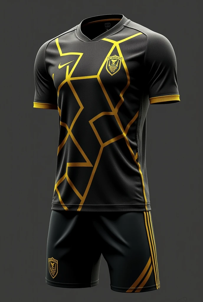 Create a soccer uniform for the PENTAGON team, that it is black and gold and has blurred pentagons 