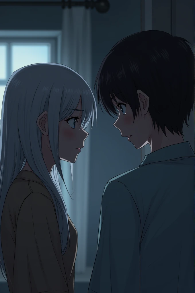 The image is anime style with shadows and dim lights, anime style although somewhat adult and dark, It shows a single adult man of 2 who has black eyes and medium-long black hair as well., wears white sneakers. He is holding the hand of a 2 adult albino woman who has red eyes, His feet are bare, She has very beautiful feet and strong legs., Her hair is white and very long and she wears a short dress that reaches her knees.. both, both the man and the woman are adults, They are shown with a determined and serious expression in the middle of a room partially lit by a skylight..