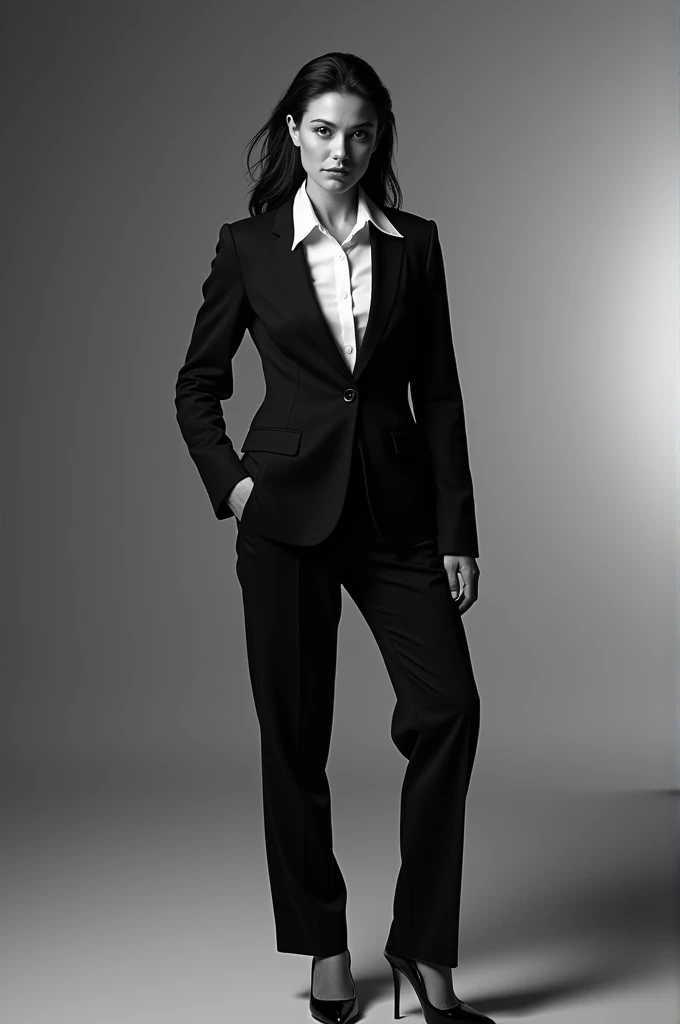 Chat create a more realistic black and white image of a model in formal clothing demonstrating empowerment