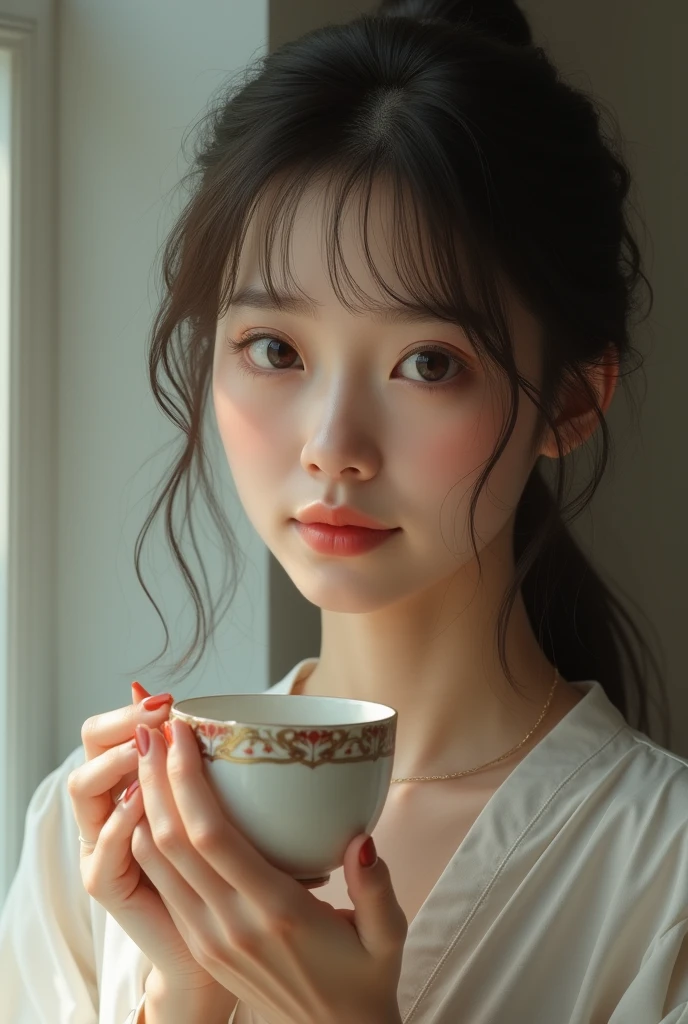 close-up of beautiful korean female, 34 inch breasts size, wearing tank top, yellow scarf, sitting on sofa, holding coffee mug, bokeh background, UHD, Her nipples are very big