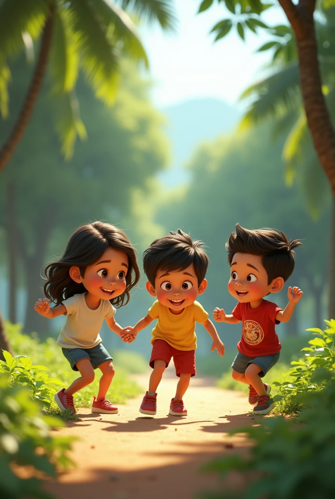 pixar animation illustration of group of kids from el salvador are playing the game "plain" in a park on a sunny day