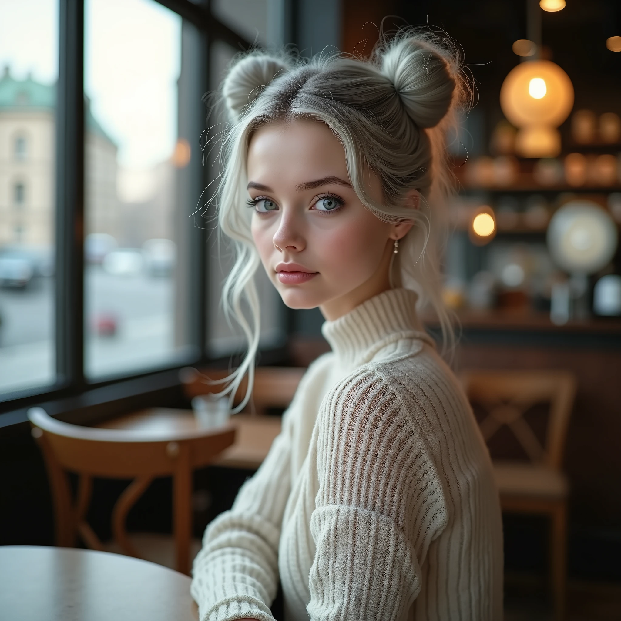 Beautiful girl with fair skin, 20 years, light gray hair gathered into two buns, Blue eyes, sits elegantly in a coffee shop, Sits up straight, Look directly into the camera, in the background is a large window overlooking Saint. Petersburg, Really, Photo, 4K