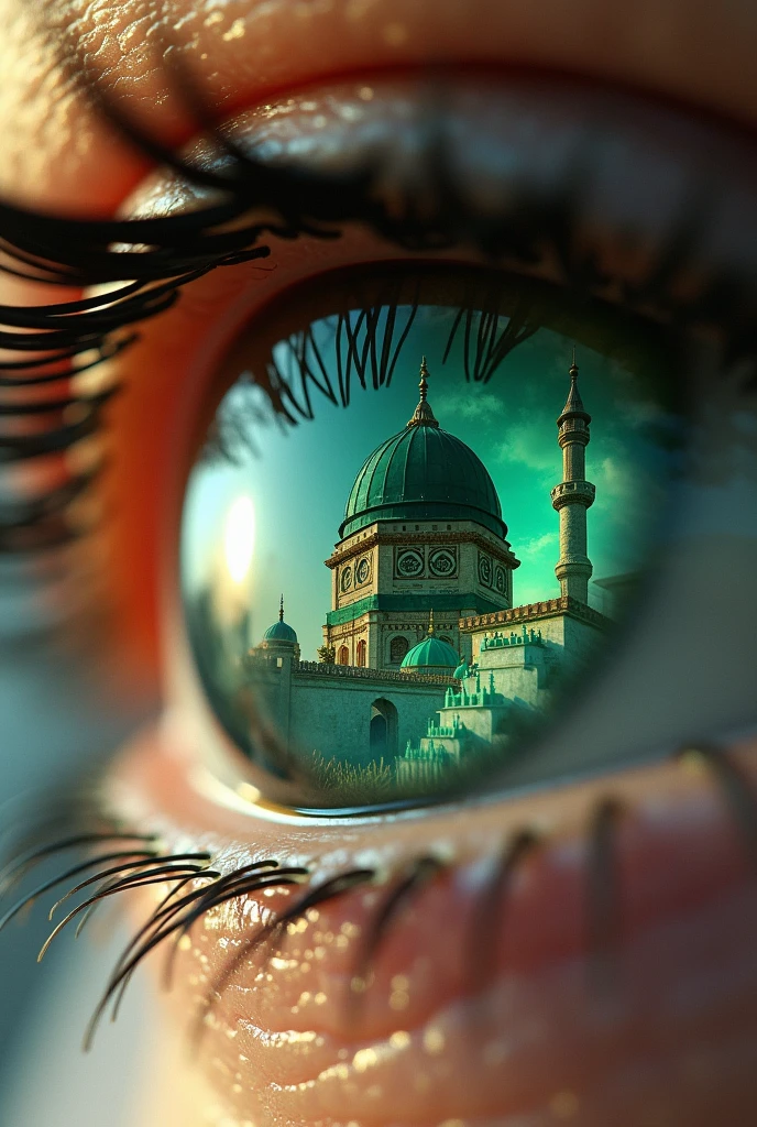 (photorealism:1.2), green dome mosque image reflecting in eye