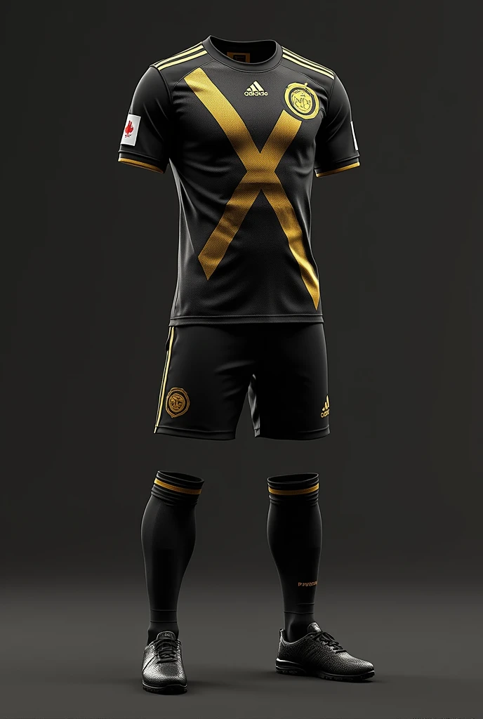 Create a soccer uniform for the PENTAGON team, that it is black and gold and has blurred pentagons 