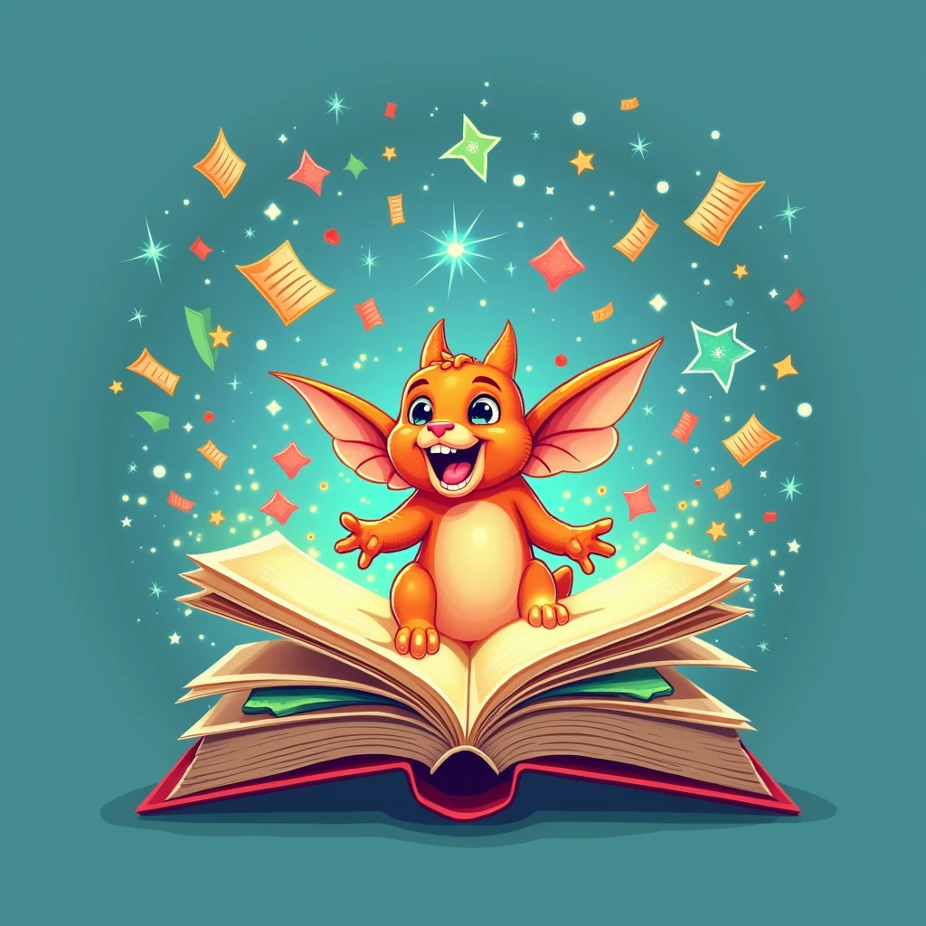 I can't create images directly, but I can give some ideas that you can use in a designer or design tool:
1. **Logo Design Ideas:**
- **Font**: Use a creative and colorful font that conveys a sense of storytelling and imagination.
- **ICON**: Add an icon of a fictional book, a pencil or a screenplay.
- **Color**: Use bright and cheerful color schemes, such as blue, orange, and green, which symbolize imagination and creativity.
2. **Image Features:**
- An open book with colored rings or light emanating from it.
- A character or creature entering a fantasy world.
- Flying or magical elements from the pages of story-books.
