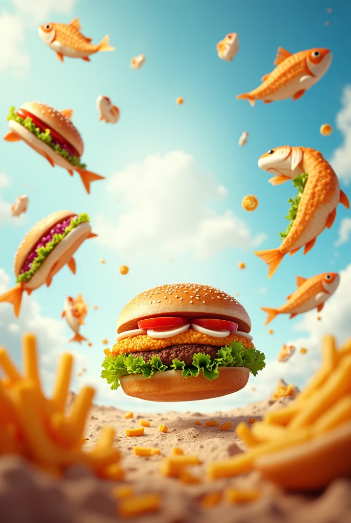 Create a picture in the middle there should be space for a logo around the outside there should be fish sandwiches with fries flying around fishburger only with salad not kind without fish fins and onions and tomatoes 