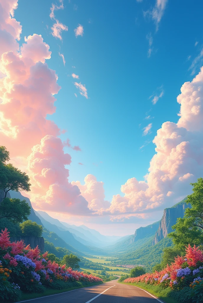 I need you to create a video for me in format 9:16 showing the sky, give different angles and with different colors, but that contrast with each other. You can get some green from foliage and flowers too, and a very beautiful sky, Por favor