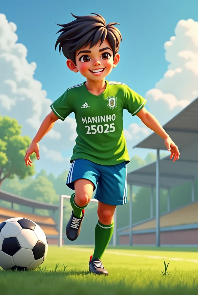 Create an image of a smiling thirteen year old with short black hair and small bangs. The is relatively high, wearing a green shirt with the name MANINHO and the number 25025 below the name MANINHO, blue pants, long green knee-high socks and Adidas F50 football boots.