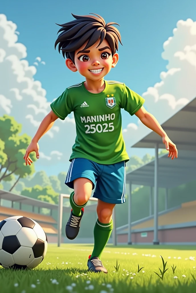 Create an image of a smiling with short black hair and small bangs. The is relatively high, wearing a green shirt with the name MANINHO and the number 25025 below the name MANINHO, blue pants, long green knee-high socks and Adidas F50 football boots.