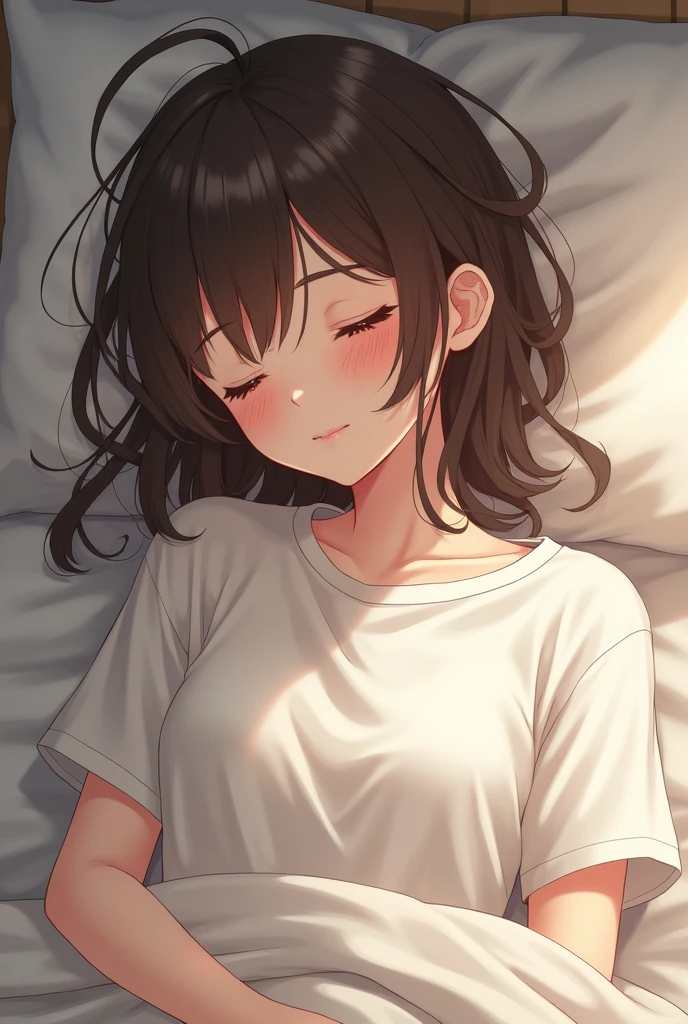 Brown haired anime girl in oversized t-shirt lying down blushing asleep