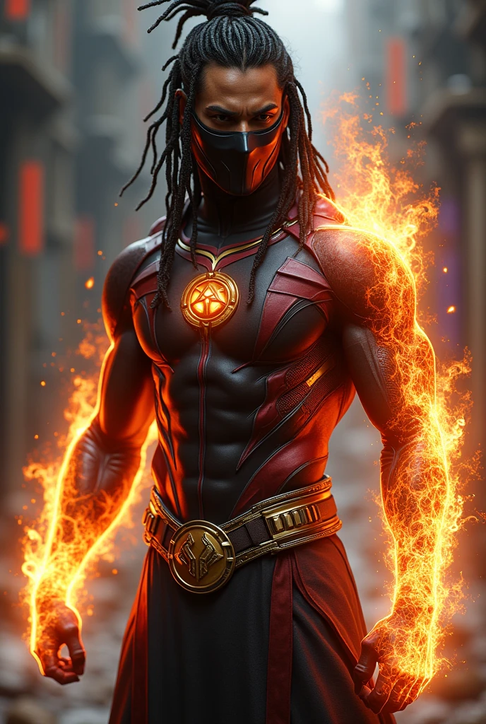 Design a superhero in a sleek, black and red bodysuit with mystical, ember-like glowing patterns. The suit has a right arm made of flames that shift color from red to golden based on power. It features a specialized back holder for a floating trishul and a large golden trishul emblem on the back. The hero wears a half-face mask, and their long hair is styled like Lord Shiva’s jata. No cape, focus on a combat-ready, muscular appearance.
Style: Mystical, futuristic, and detailed.