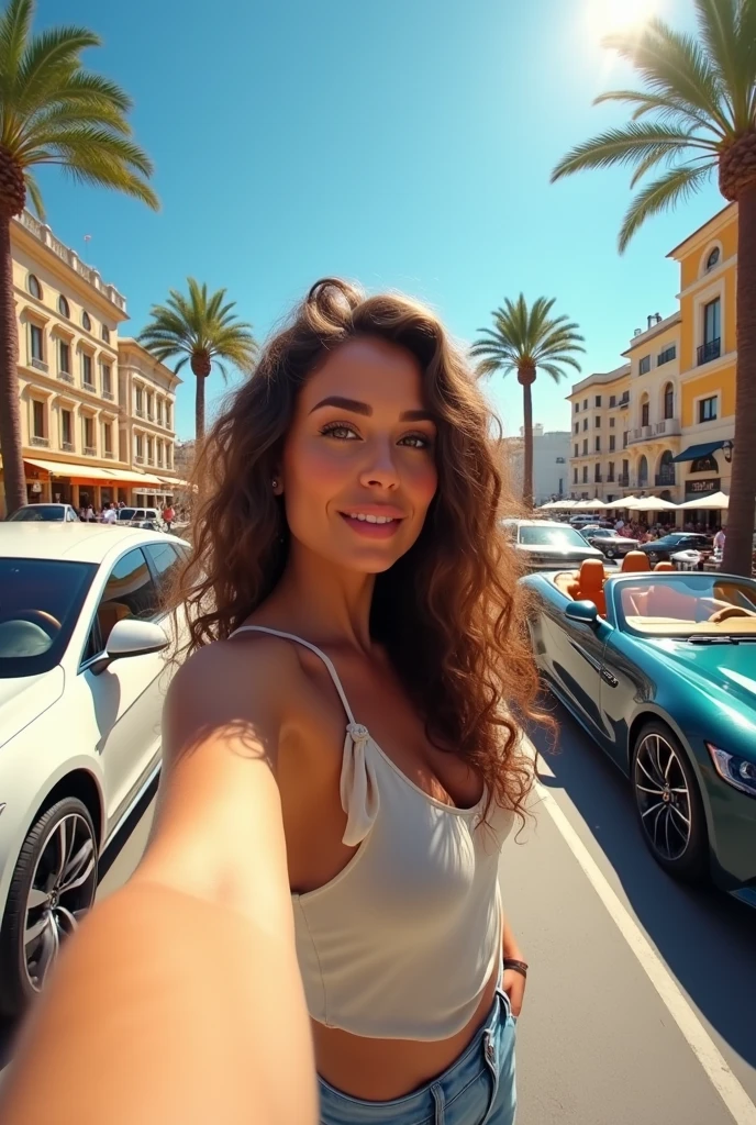 (photorealism:1.2), beautiful woman, taking a selfie in the street, wearing casual summer clothes, long curly hair, outdoors, daytime, Monaco cityscape in the background, luxury cars, palm trees, clear blue sky, relaxed smile, realistic, intricate details, vibrant colors, by Greg Rutkowski, by Alphonse Mucha