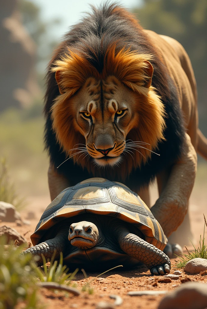 A lion, with its powerful jaws, clamps down on a turtle's shell, exerting immense bite force. The lion's muscular jaws press with significant pressure, testing the durability of the turtle's protective shell."
This prompt captures the intensity of the lion's bite force while highlighting the contrast between the lion's strength and the turtle's shell. Eating turtle