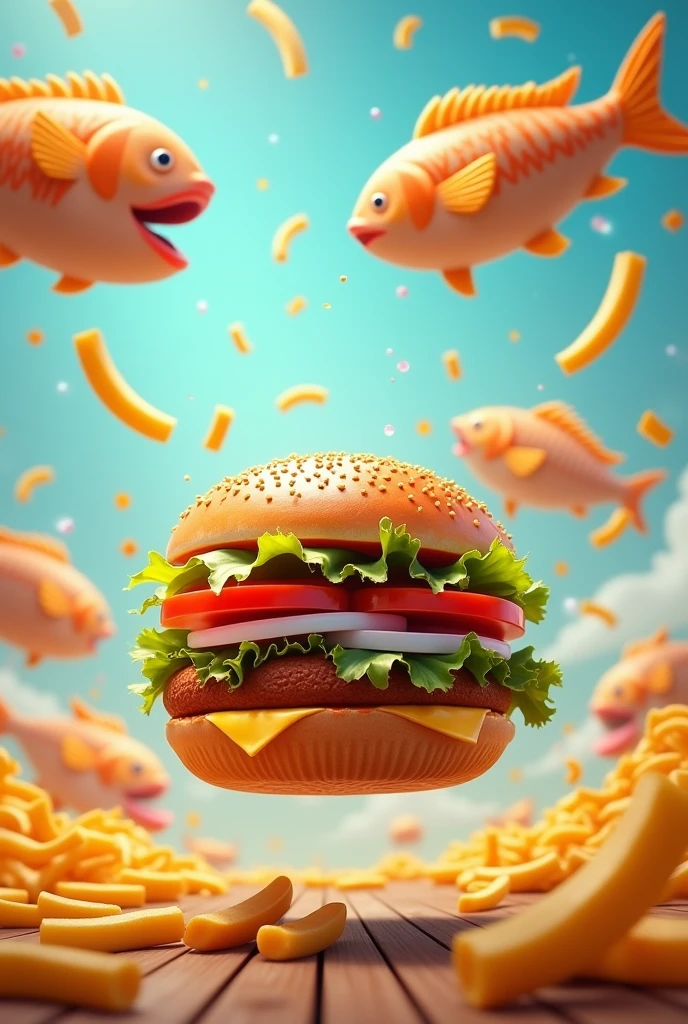 Create a picture in the middle there should be space for a logo around the outside there should be fish sandwiches with fries flying around fishburger only with salad not kind without fish fins! and onions and tomatoes