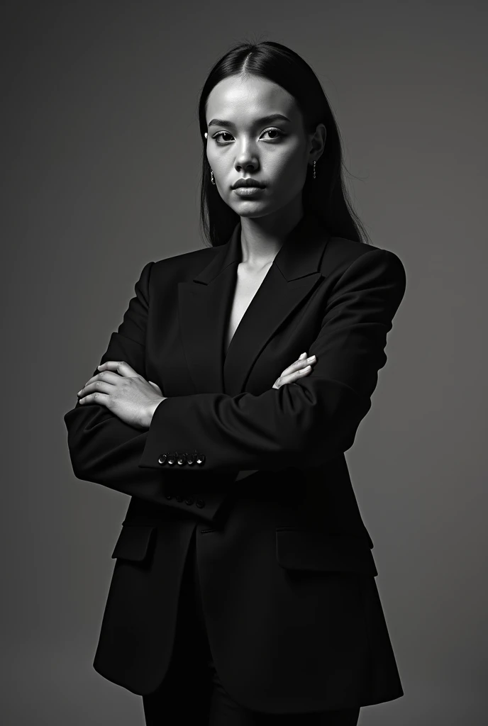 Chat create a more realistic black and white image of a model in formal clothing demonstrating empowerment In format "post " from Instagram