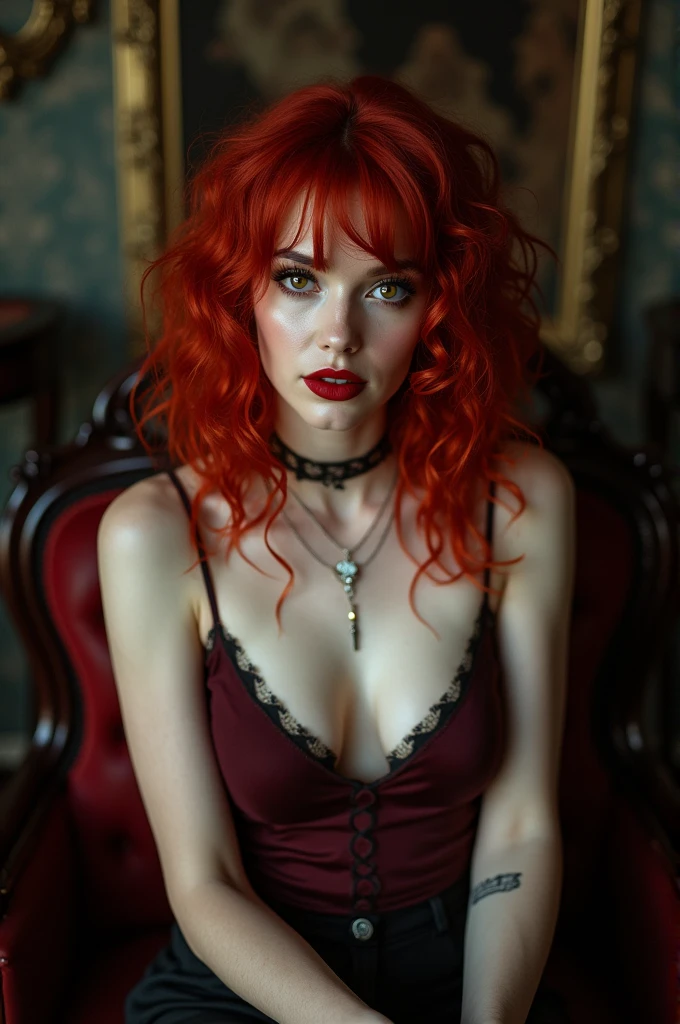 a woman, white skin, brown eyes, red curly hair, round face, Wearing a spaghetti strap top, red lips, alternative style, in a gothic room.