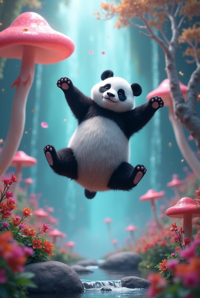 AN ENCHANTED PLACE WITH A PANDA DOING A BACKFLY