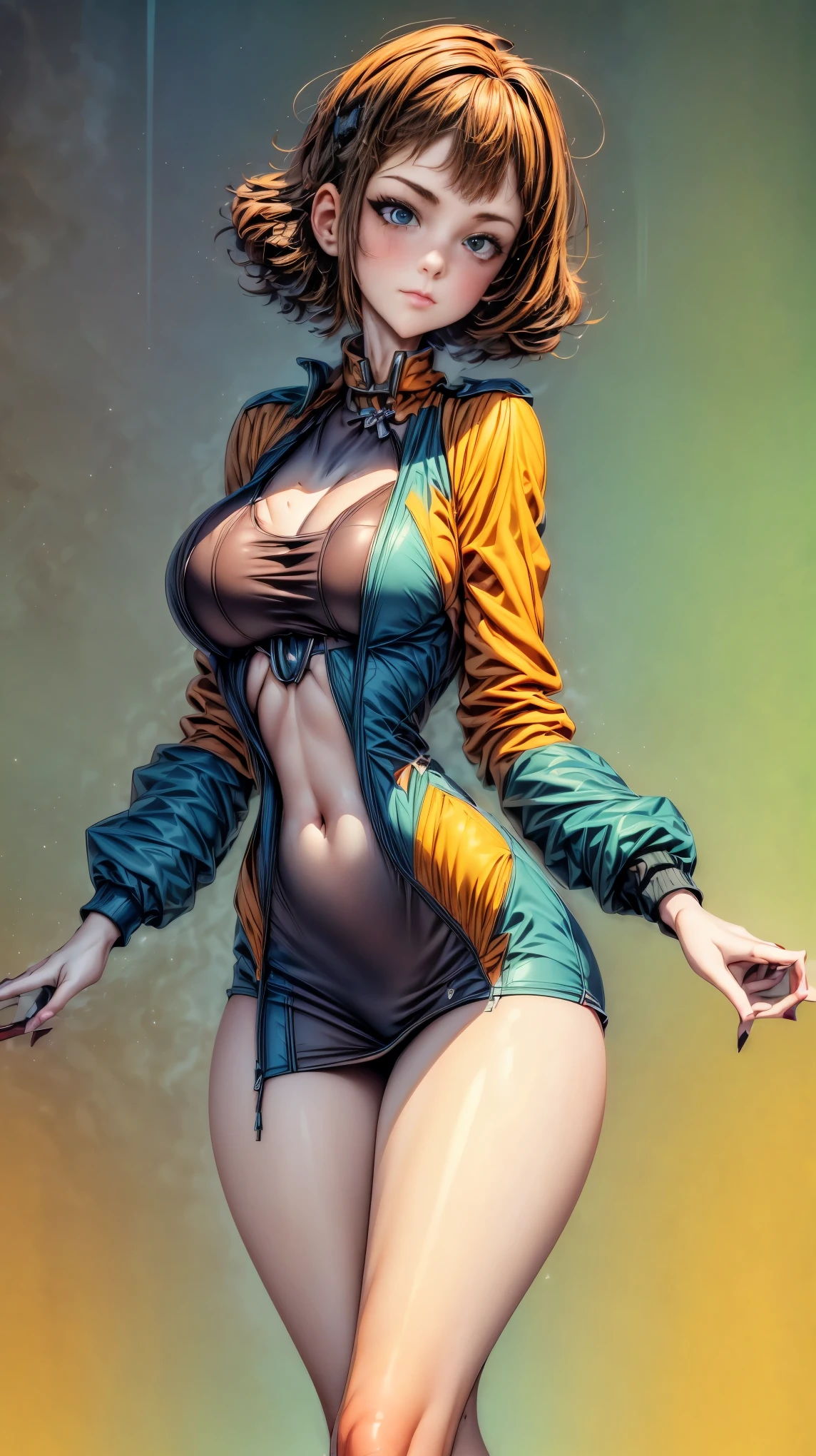 Beautiful girl with small breasts, wearing a sturdy jacket, by the width, a beautiful young woman , enchanting and fascinating in a bubble with iridescent colors, with star decorations, Machine guns in cyberpunk night scene., cyberpunk red green background, (Best Quality: 1.4), (masterpiece: 1.2), detailed, complex, High resolution,32K