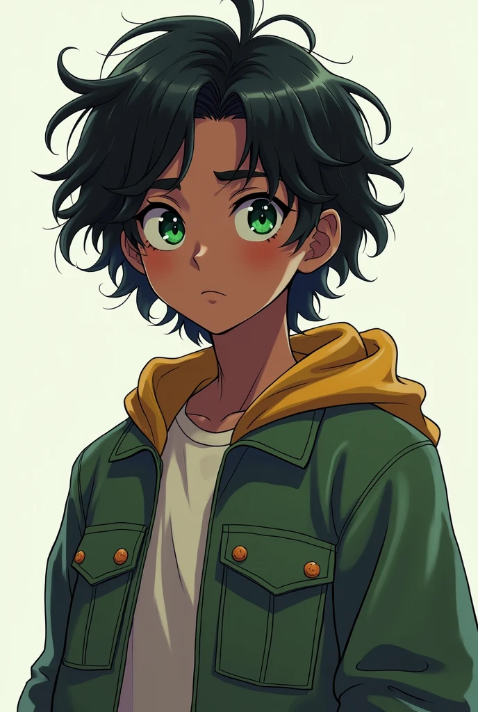 male teenager, American curly cut hair,greeneyes,アニメ,dark black skin american cut full body standing