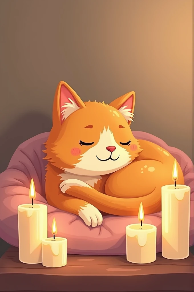 Create an illustration of my cat in a 2D animation style. The cat is orange, fluffy and must have a cartoon style. In the image, is taking a nap in his favorite spot, surrounded by candles. The illustration should be simple, ideal for a candle business logo. Candles should be more prominent in the composition, and the background should be simple and minimalist so that the logo is clear and easy to use.