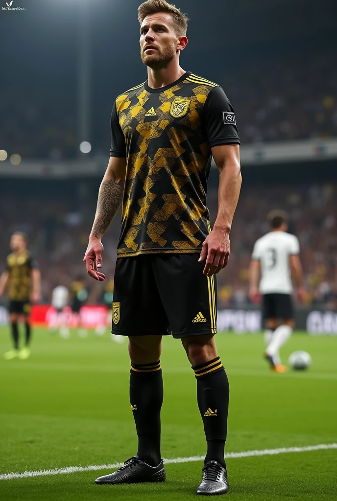 Create a soccer uniform , that it be black and gold and have pentagons in the design 