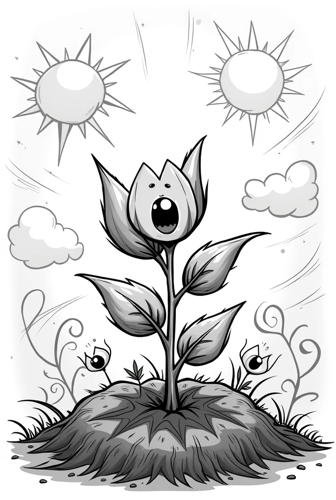 BLACK AND WHITE COMIC STYLE DRAWING OF A SICK PLANT HAPPY TO HAVE FOUND A PLACE WITH GOOD SOIL, WHERE THE SUN REACHES YOU, HAVE FRESH AIR AND WATER