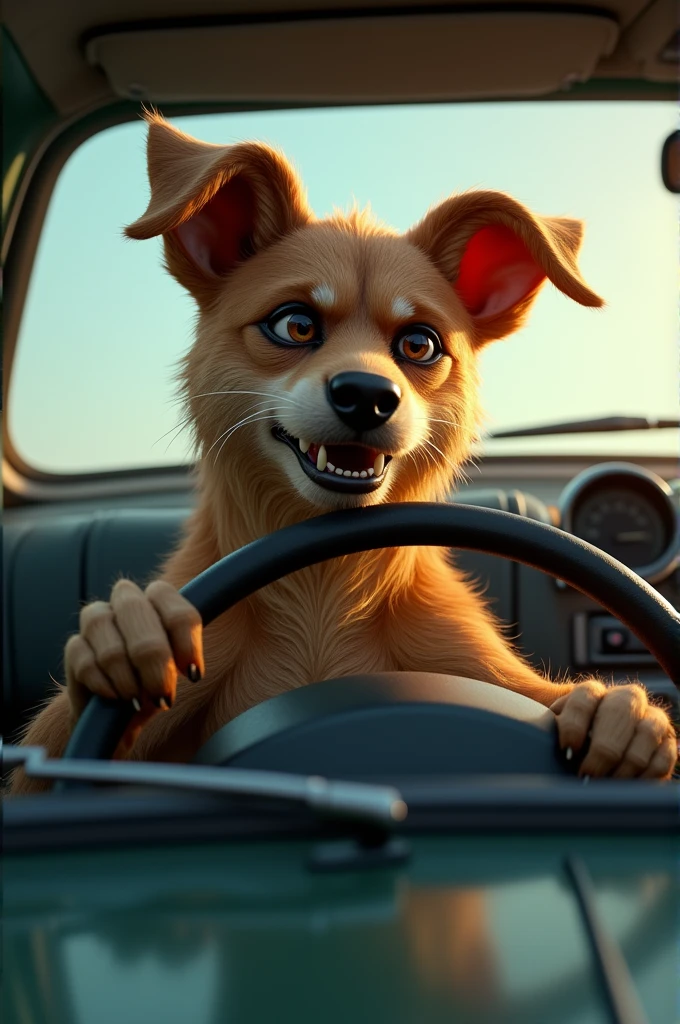 A dog driving a car with an angry face 
