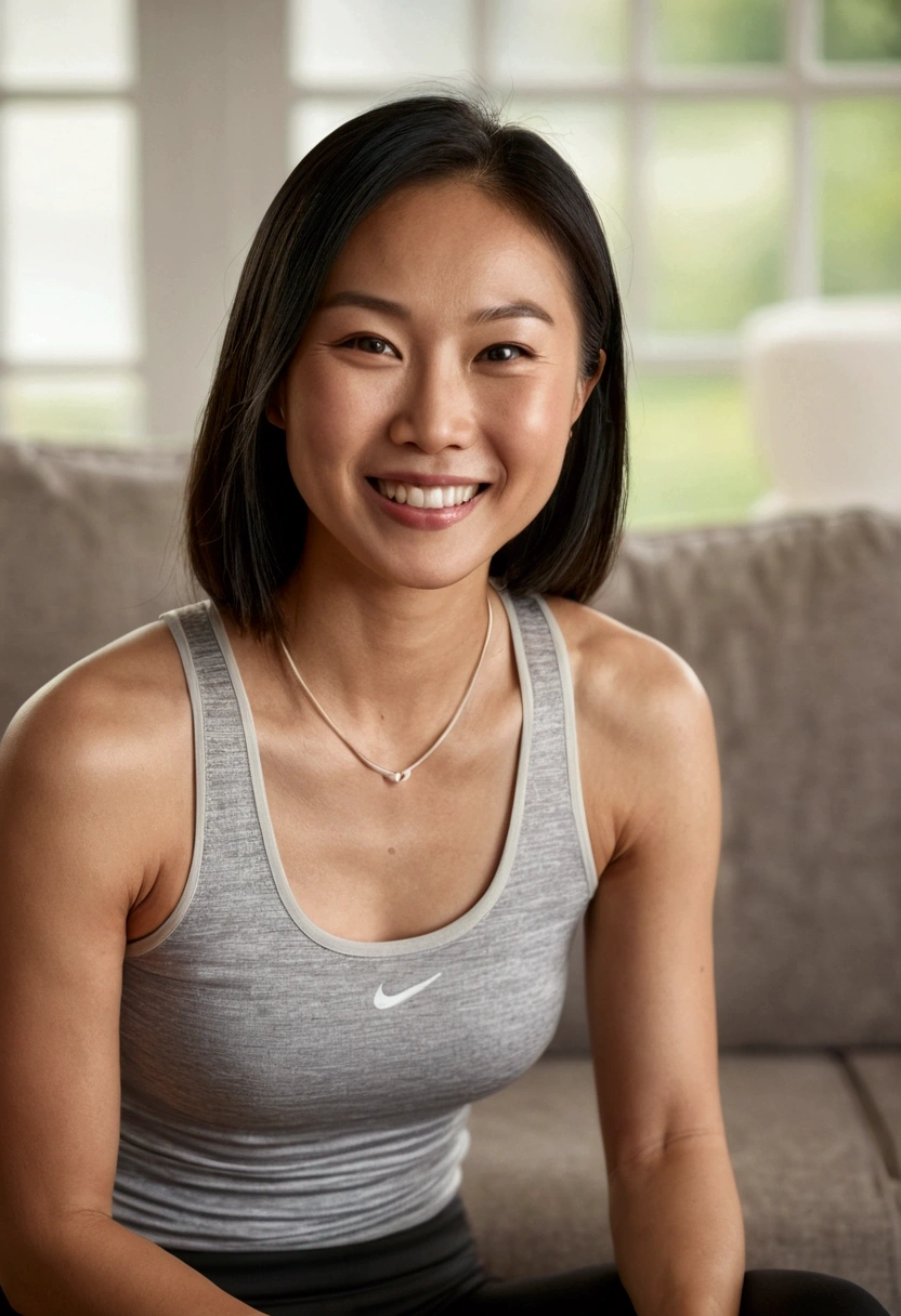 Beautiful athletic 30 year old asian female wearing thin strap tank top sitting in living room. Smiling. Toned arms