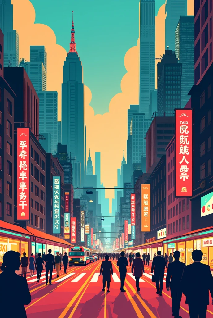 "Create a flat illustration of a bustling city with tall buildings, cars, pedestrians, neon lights, retro style, vibrant colors