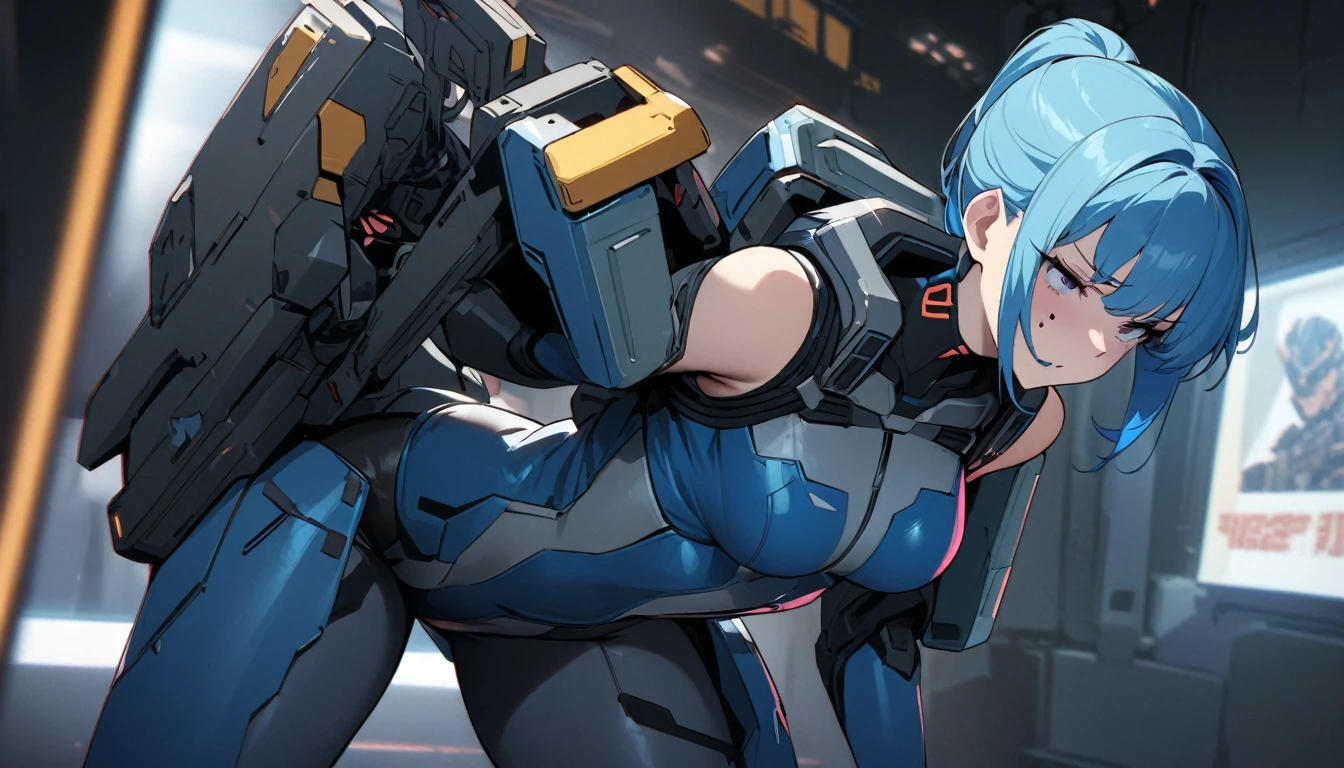 Blue Hair、Masterpiece、Best Quality、1 girl、Medium breast、Light on Face、Slim Body、Blue Costume、Exoskeleton、metal Gear、Cyberpunk Style、ponytail、The Gundam pilot、attention arousal,Ride a fighter