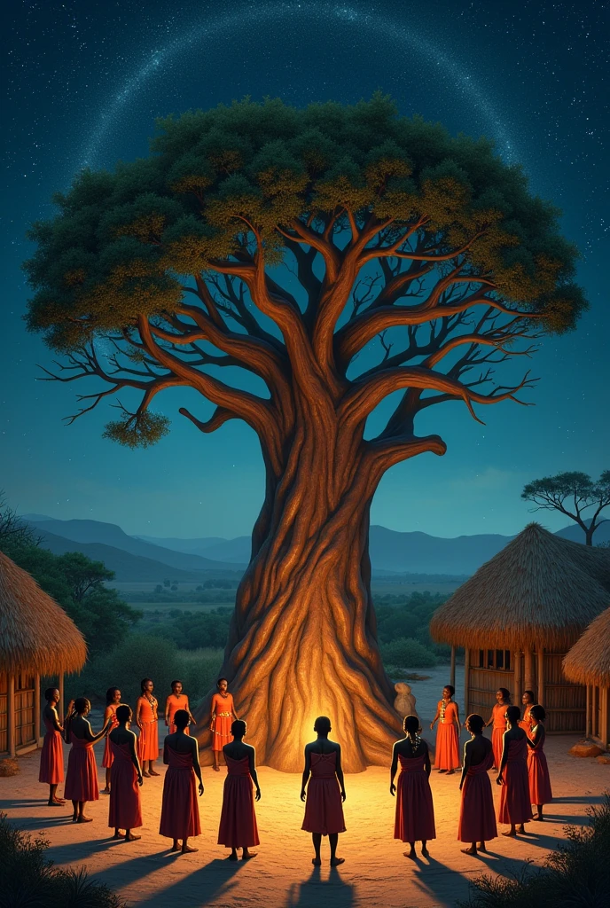 Un rituel de protection dans le village : Les villageois, guidés par les Gardiens, participent à un rituel ancien pour protéger le village. Ils forment un cercle autour du grand baobab, tenant des amulettes et chantant des incantations sous un ciel étoilé.