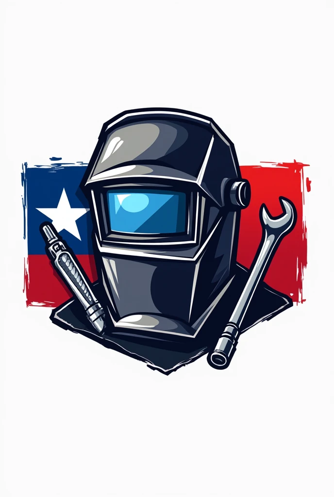 Logo name pro welding, welding helmet, electrode holder, crown-end wrench, Chilean flag