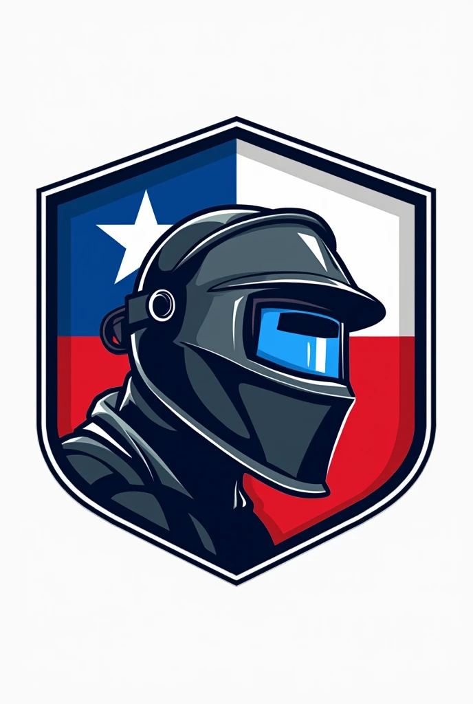 Logo name pro welding, welding helmet, electrode holder, crown-end wrench, Chilean flag