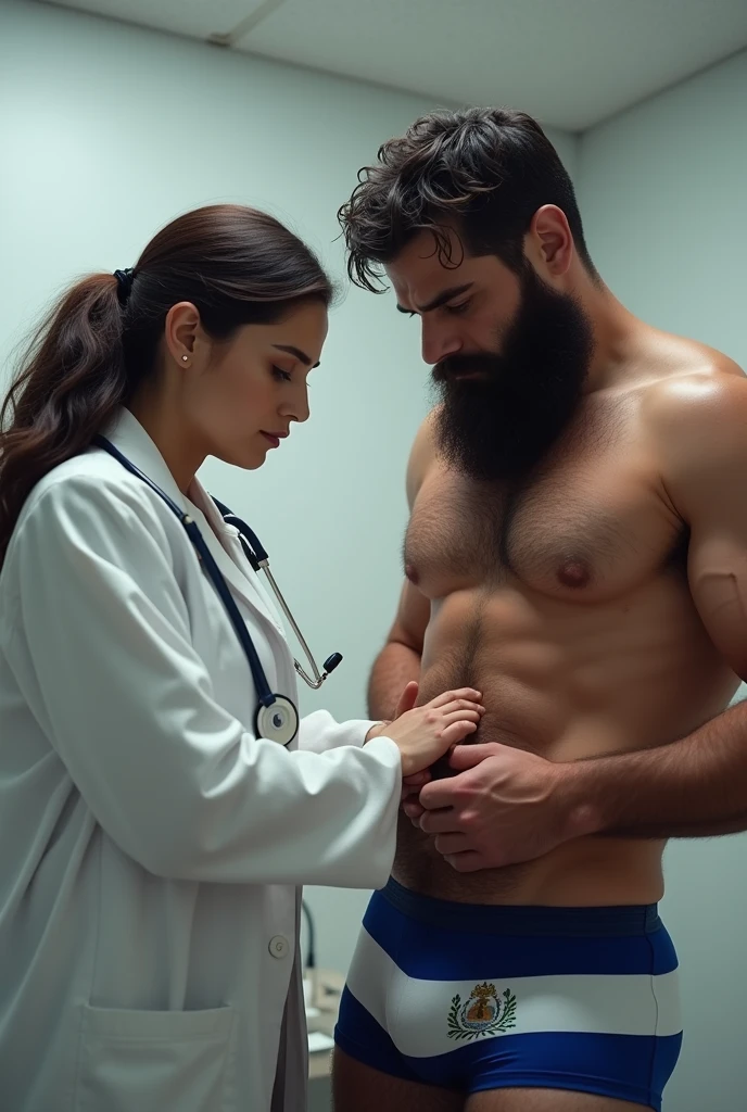 Female doctor examining the groin of a strong, hairy, bearded man wearing only underwear with the Nicaraguan flag on it.