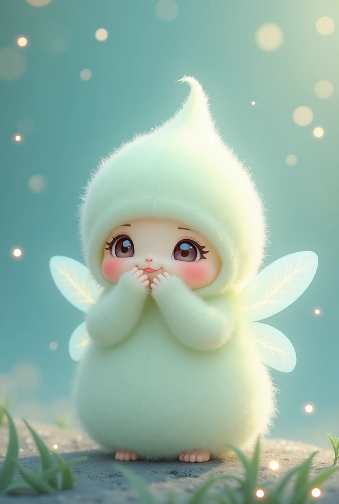Draw a fairy, that it be a new creature, that is tender and round, like a droplet, that represents humility, that it be in chibi style for a story
