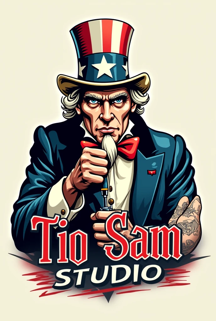Create a logo called "Tio Sam Studio"
The idea is to show Uncle Sam as if he were a professional tattoo artist and he was tattooing someone and below the image the name of the company. Remember I want a logo for a professional tattoo studio, be more detailed in Uncle Sam