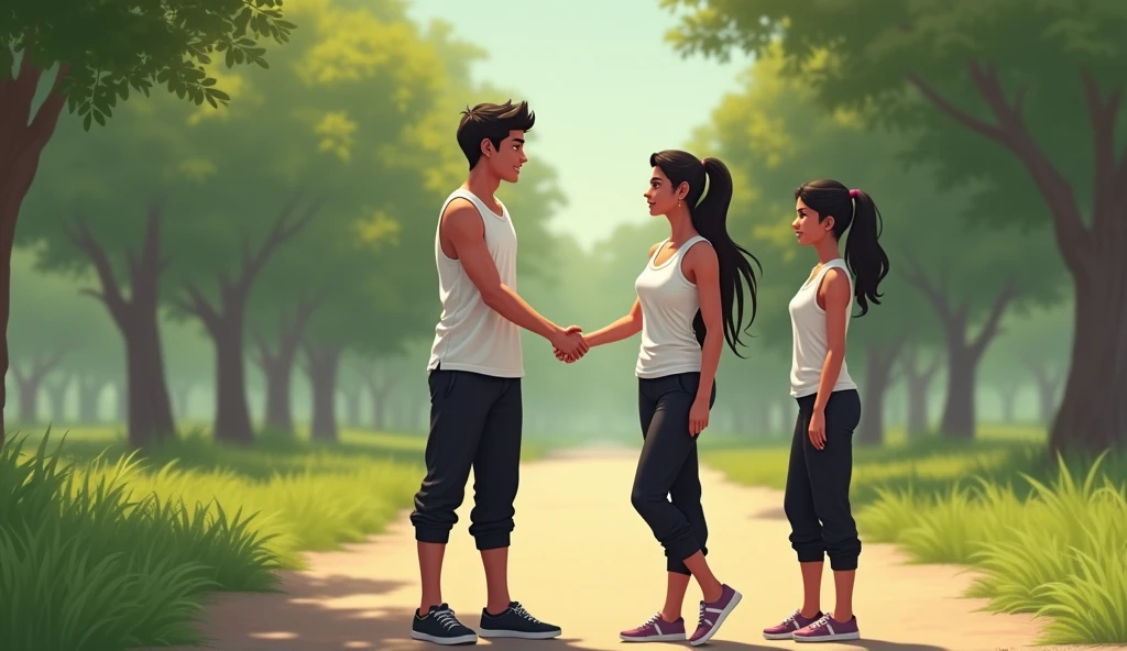 In an Indian park, an Indian handsome boy and a very beautiful 24 year old girl are shaking hands. The boy is wearing black half pants and a white vest. The girl is wearing a white half vest and black jogging pants. Another beautiful girl is standing beside him, she is watching them shaking hands. That girl is also wearing black jogging pants and half white vest. She is also beautiful and is 2 and that boy is 2.  all of them are 2 