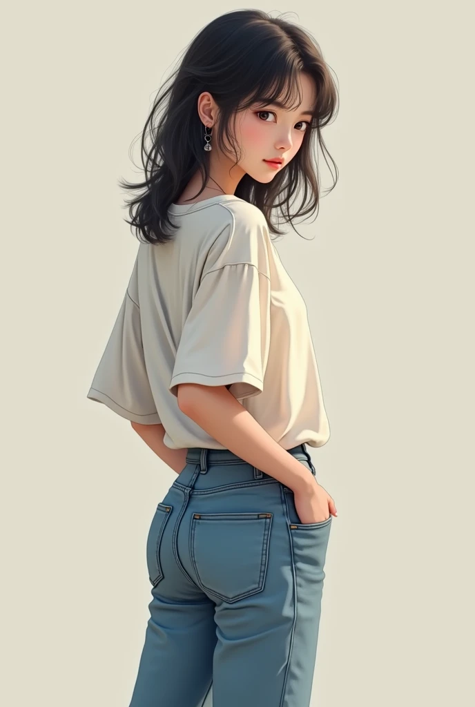 Young Asian girl  in  jeans rear view turns around vision face hands in back pocket 