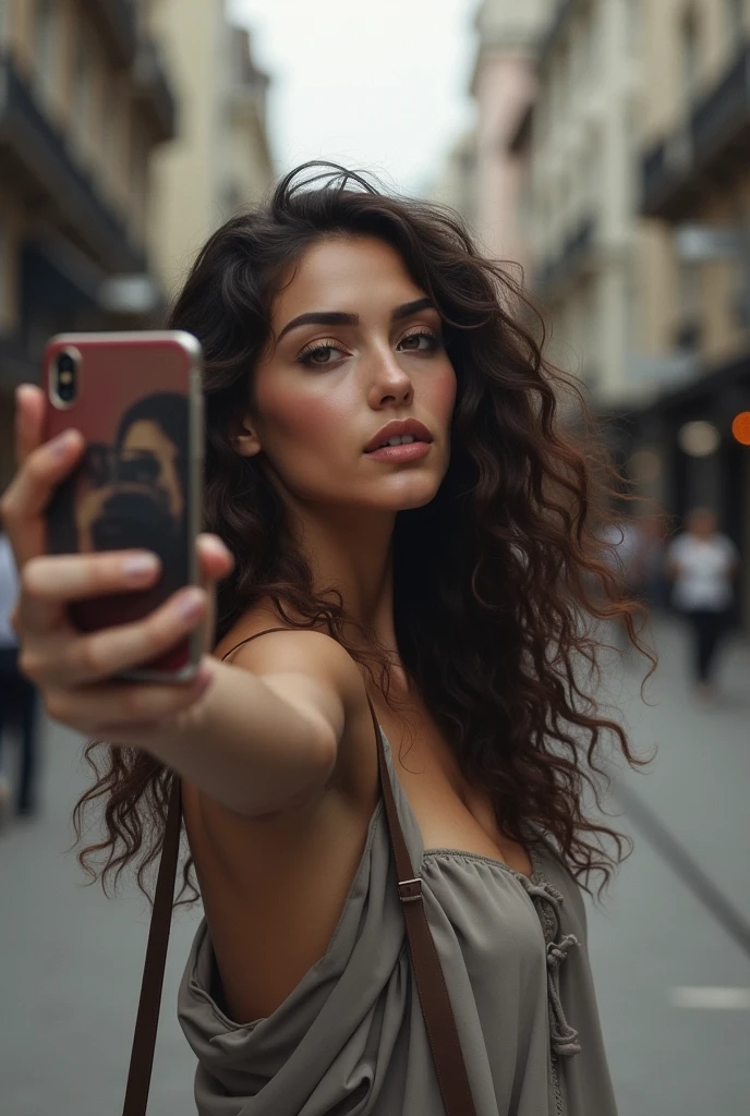 (photorealism:1.2), beautiful woman, taking a selfie in the street, wearing loose off-shoulder top, realistic tones, grayish colors, long curly hair, outdoors, urban background, overcast lighting, casual pose, realistic, intricate details, muted colors, by Greg Rutkowski, by Alphonse Mucha