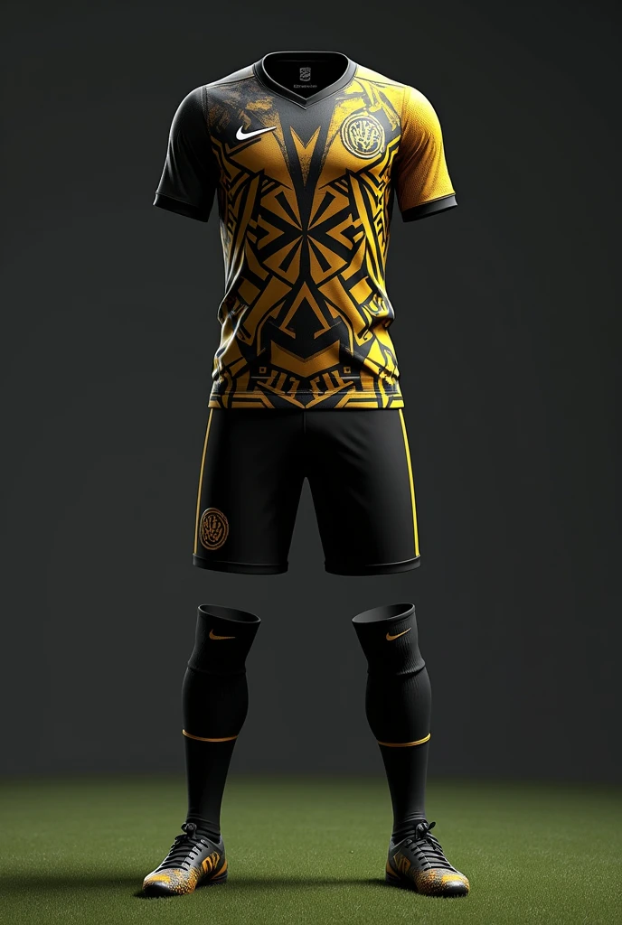 Create a soccer uniform , that it be black and gold and have pentagons in the design