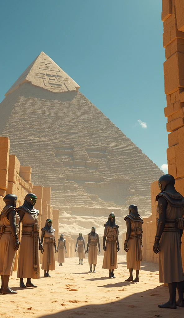 "Futuristic looking aliens, with spacesuits and advanced equipment, working on the construction of the pyramids of Egypt. They are manipulating huge blocks of stone with alien technology, as the ancient Egyptians watch, admired and surprised. The setting is the Egyptian desert, with the pyramids under construction and a clear blue sky in the background. The atmosphere should mix historical elements with a sense of high technology and extraterrestrial mystery.."