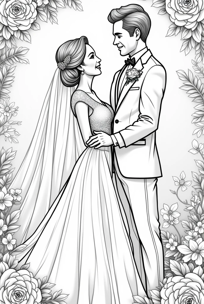 COLORING PAGES OF VARIOUS POSES OF BRIDE AND GROOM ON THEIR WEDDING DAY