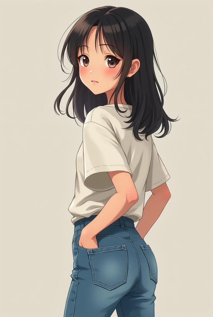 Young Asian girl  in  jeans rear view turns around vision face hands in back pocket 