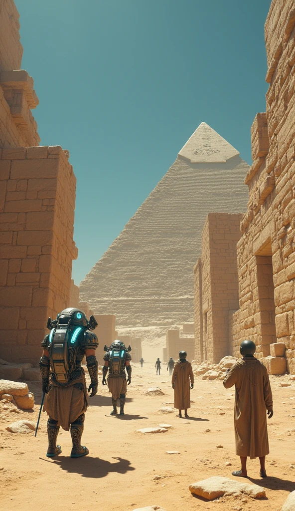 Develop a realistic 4K image of the pyramids of Egypt under construction, where workers are extraterrestrials (ETs) wearing personal protective equipment (epis) in blue color. The ETs should be wearing full uniforms with blue helmets that have the inscription 'URBPLAN' in white. The construction of the pyramids should be detailed, with giant blocks being lifted and positioned by advanced technologies, mixing ancient and modern elements. The image should have predominant colors in shades of blue, creating a surreal and futuristic atmosphere, but with a high level of realism
