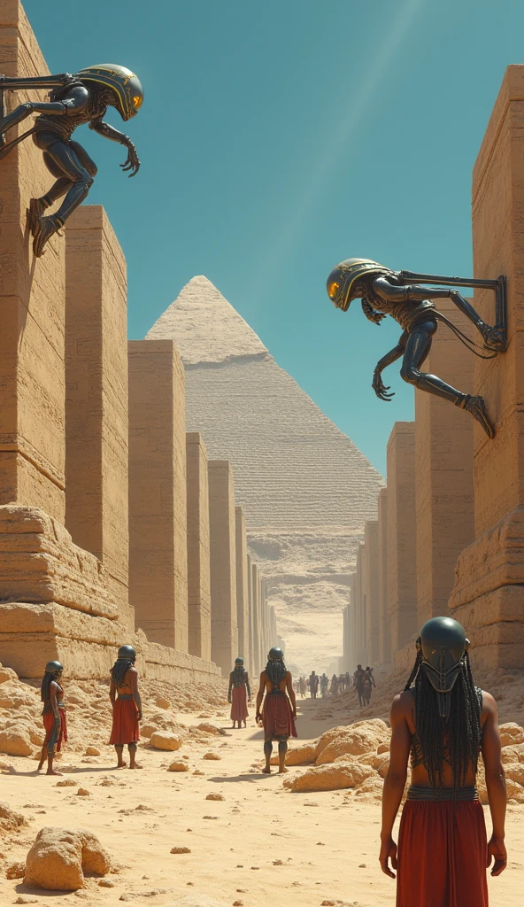 "Futuristic looking aliens, with spacesuits and advanced equipment, working on the construction of the pyramids of Egypt. They are manipulating huge blocks of stone with alien technology, as the ancient Egyptians watch, admired and surprised. The setting is the Egyptian desert, with the pyramids under construction and a clear blue sky in the background. The atmosphere should mix historical elements with a sense of high technology and extraterrestrial mystery.."