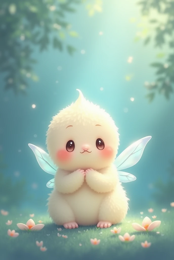 Draw a fairy, that it be a new creature, that is tender and round, like a droplet, that represents humility, that it be in chibi style for a story 
