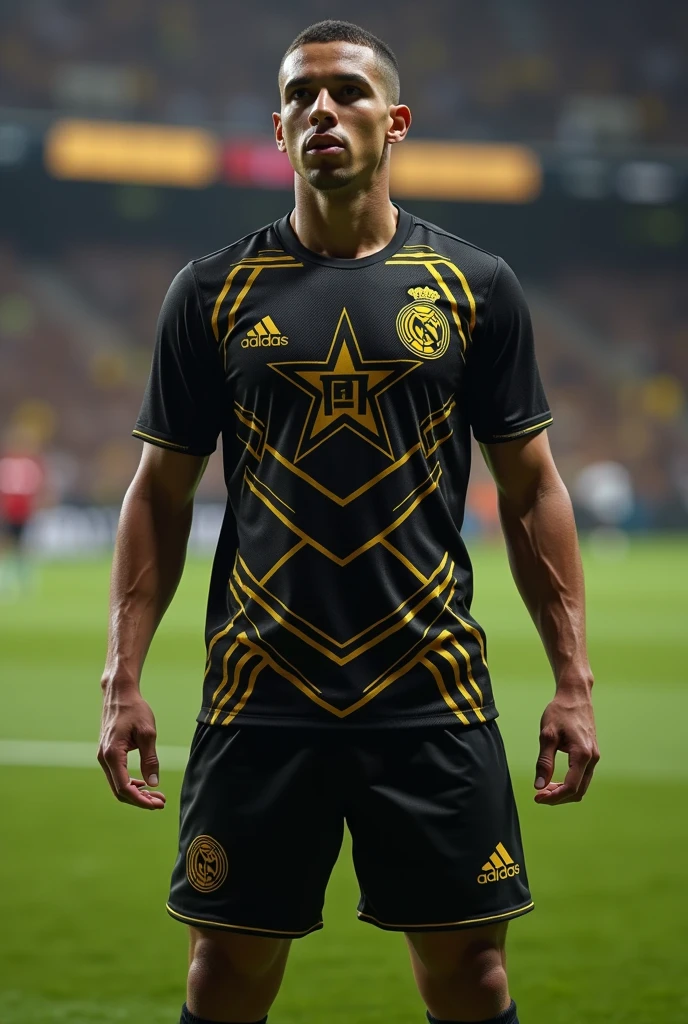 Create a soccer uniform , that it be black and gold and have pentagons in the design