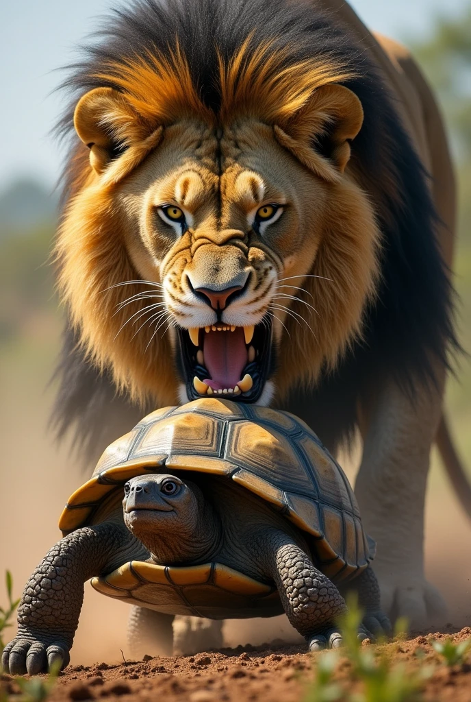 A lion, with its powerful jaws, clamps down on a turtle's shell, exerting immense bite force. The lion's muscular jaws press with significant pressure, testing the durability of the turtle's protective shell."

This prompt captures the intensity of the lion's bite force while highlighting the contrast between the lion's strength and the turtle's shell. Lion Eating turtle 
